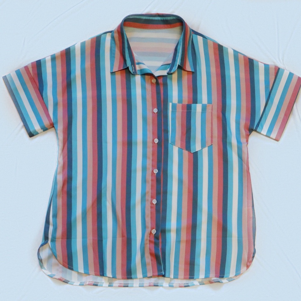 Pastel Striped Retro 70s Button-Up